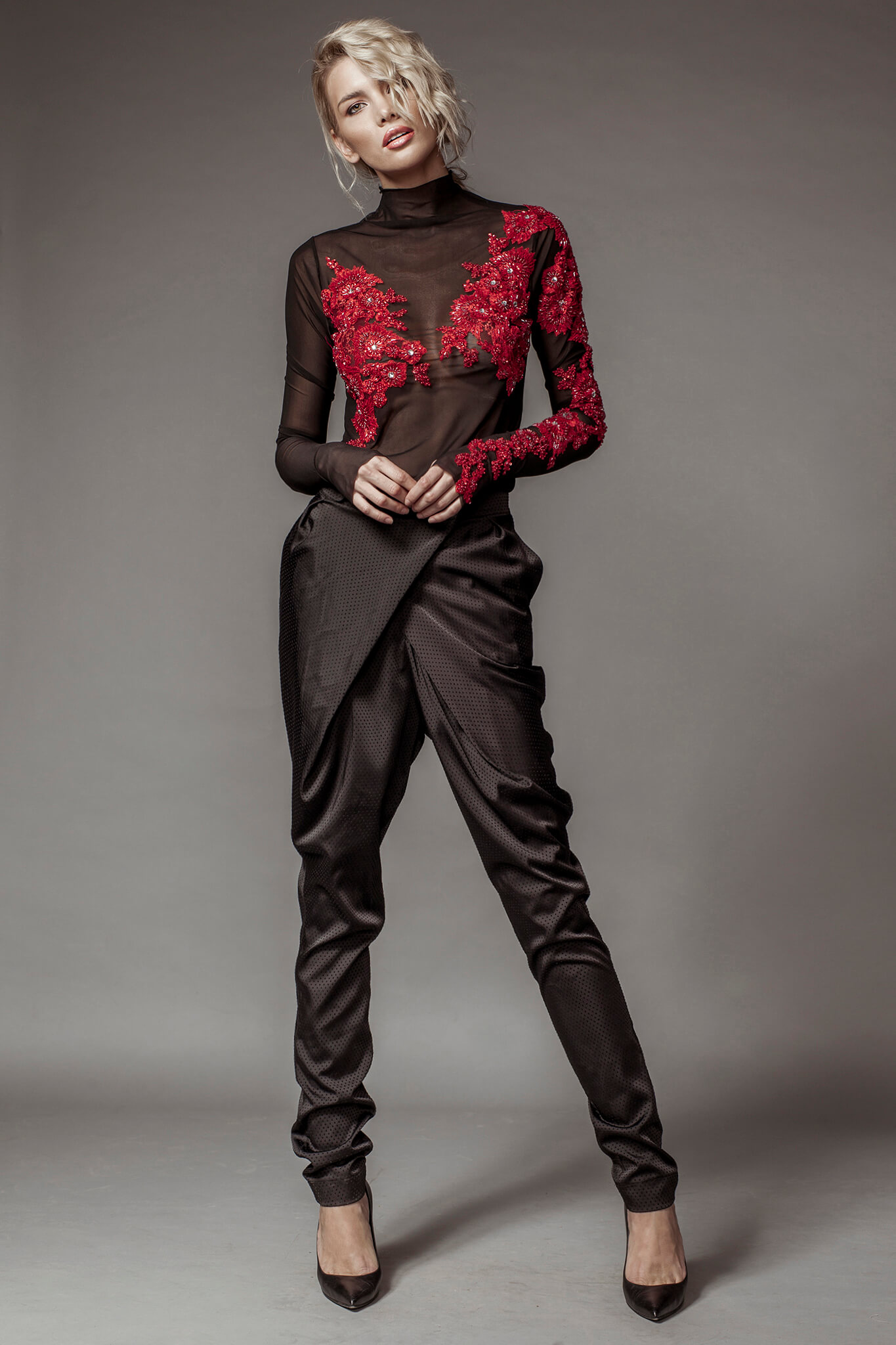 Tulle top with lace details and draped pants